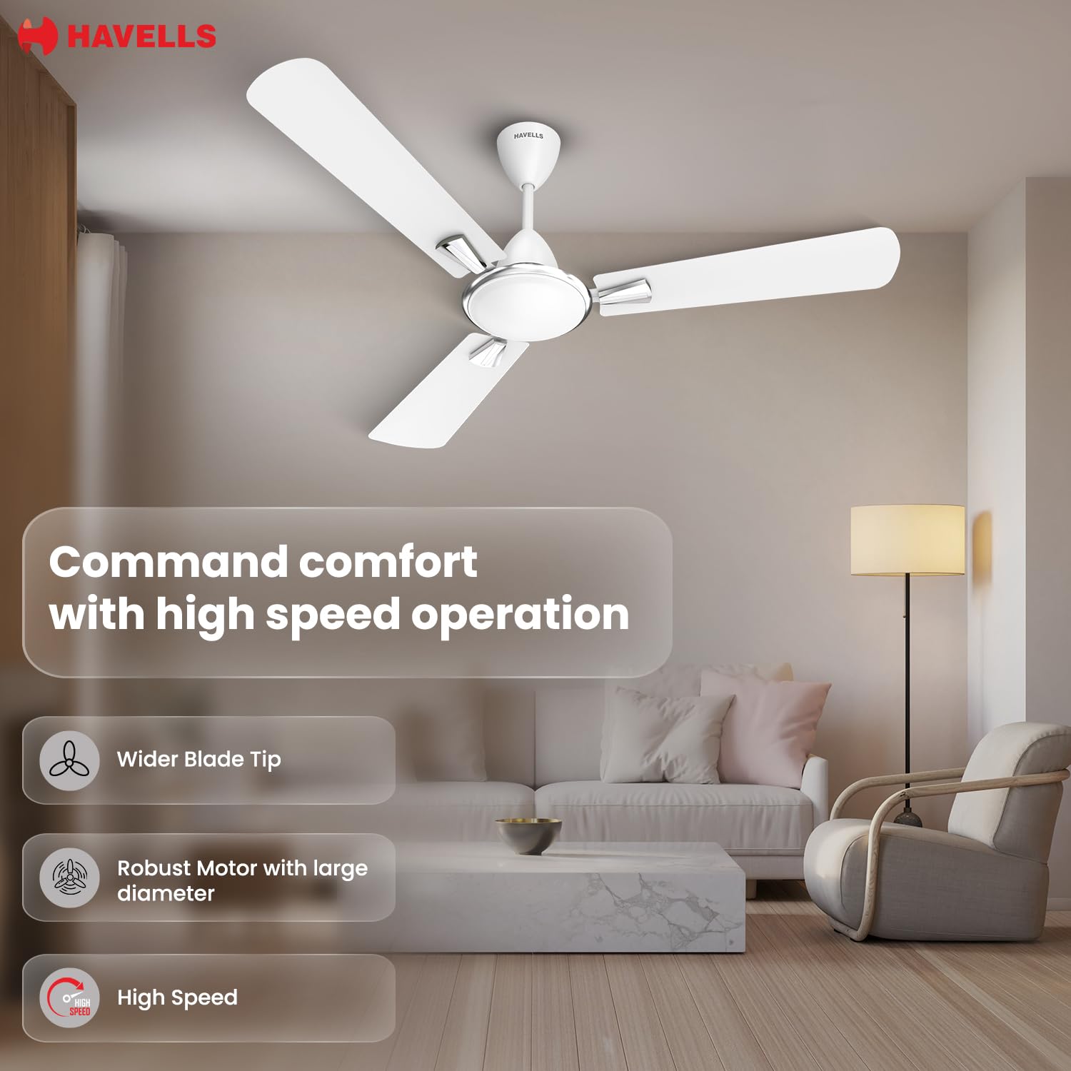 Havells Quickair 600mm Ceiling Fan White - Image 2