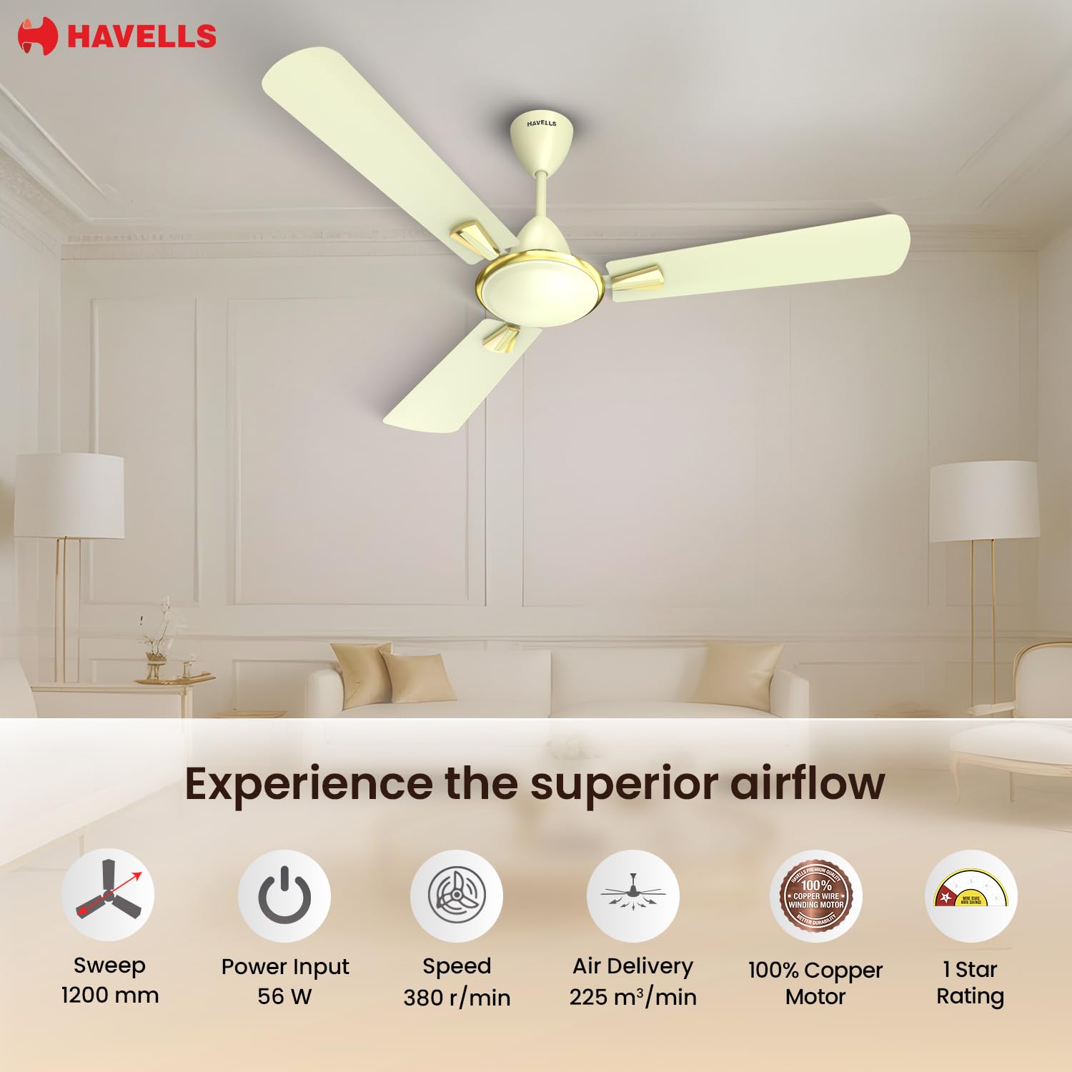 Havells Quickair 1200mm Ceiling Fan Bianco - Image 4
