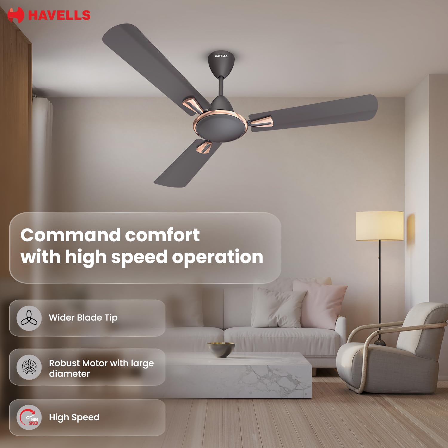 Havells Quickair 1400mm Ceiling Fan Smoke Brown - Image 5