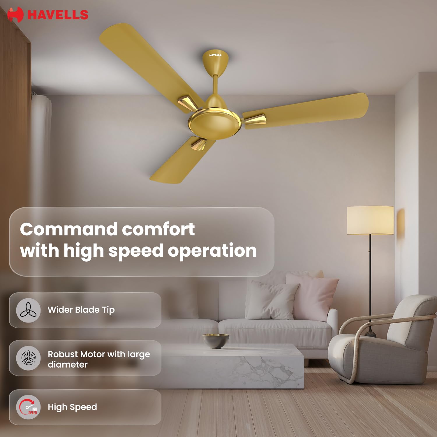 Havells Quickair 1200mm Ceiling Fan Desert Gold - Image 3