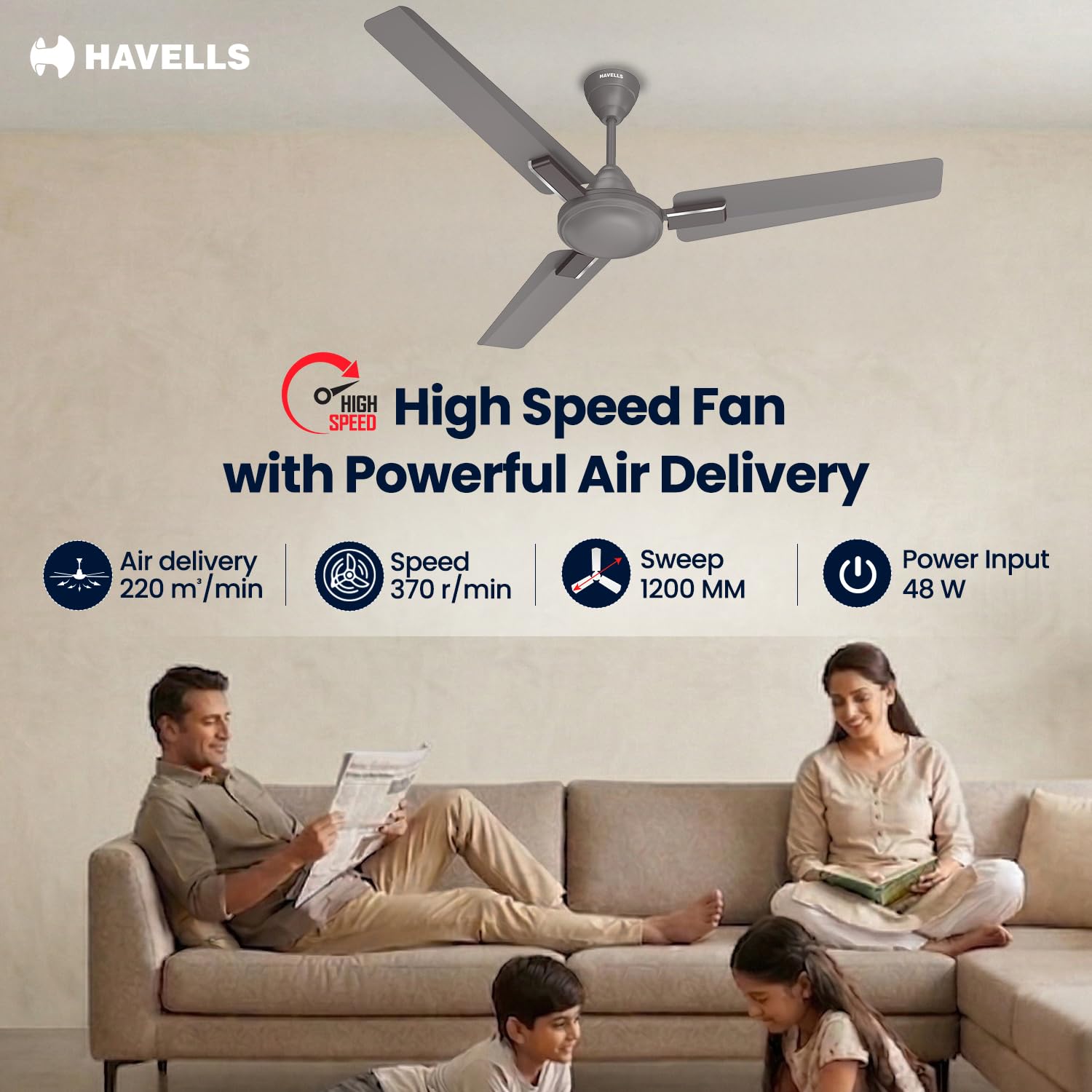 Havells Thrill Decor 1200mm Ceiling Fan Stone Grey - Image 5