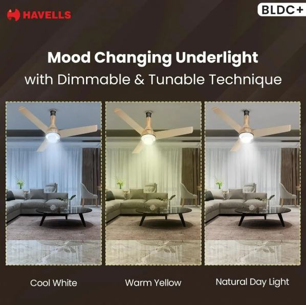 Havells 1200mm Crista Underlight BLDC Ceiling Fan | Remote Controlled, Smart Fan, IoT Enabled, Alexa & Google Home Compatible | 5 Star Rated, Upto60% Energy Saving, 2 Year Warranty | (Champagne Cola) - Image 4
