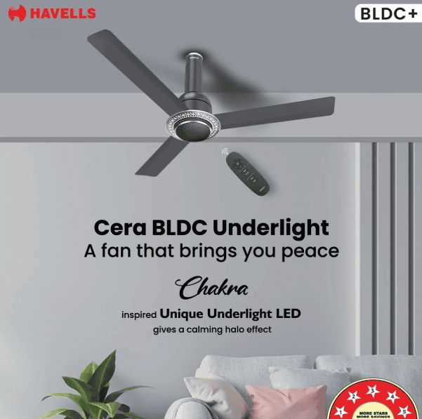Havells CERA BLDC 1200mm Premium Underlight Ceiling Fan with 100% Pure Copper | Reverse Rotation | Remote Controlled | Watt: 35 | Air Flow: 225 cmm | Speed: 350 RPM | 2 Years Manufacturer Warranty | Slate | 5Star | Free Installation | - Image 3
