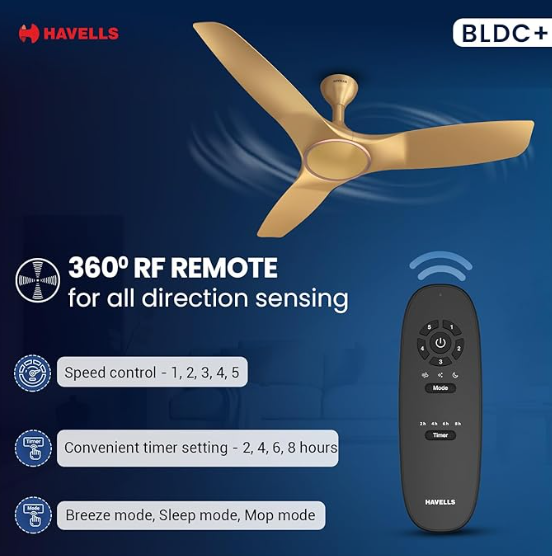 Havells 1200mm Stealth Air BLDC Motor Ceiling Fan | Remote Controlled, High Air Delivery Fan | 5 Star Rated, Upto 60% Energy Saving, 2 Year Brand Warranty | (Pack of 1, Champagne) - Image 4