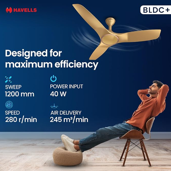 Havells 1200mm Stealth Air BLDC Motor Ceiling Fan | Remote Controlled, High Air Delivery Fan | 5 Star Rated, Upto 60% Energy Saving, 2 Year Brand Warranty | (Pack of 1, Champagne) - Image 3