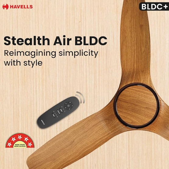 Havells Stealth Air BLDC Wood 1200mm Premium Ceiling Fan with 100% Pure Copper | 5 Star Rating | Remote Controlled | Watt: 40 | Air Flow: 245 cmm | Speed: 280 RPM | Free Installation | 2 Year Warranty (Pinewood Chola Chrome) |) - Image 6