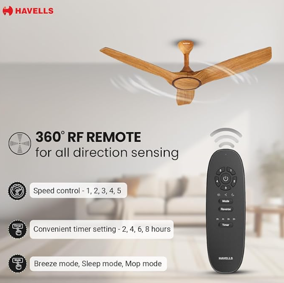 Havells Stealth Air BLDC Wood 1200mm Premium Ceiling Fan with 100% Pure Copper | 5 Star Rating | Remote Controlled | Watt: 40 | Air Flow: 245 cmm | Speed: 280 RPM | Free Installation | 2 Year Warranty (Pinewood Chola Chrome) |) - Image 3