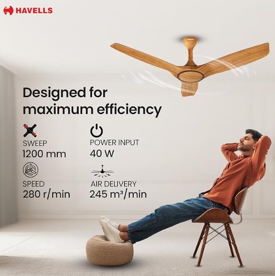 Havells Stealth Air BLDC Wood 1200mm Premium Ceiling Fan with 100% Pure Copper | 5 Star Rating | Remote Controlled | Watt: 40 | Air Flow: 245 cmm | Speed: 280 RPM | Free Installation | 2 Year Warranty (Pinewood Chola Chrome) |) - Image 2
