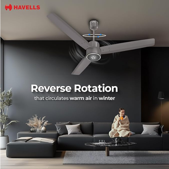 Havells EPIC SIGNIA BLDC Ceiling Fan 1200mm | 5 star | LED Speed Indicator | 380 RPM, Up to 65% Savings | Reverse Rotation, 4 Speed Modes | Low Wattage 30W ,Low Noise | Air Flow:225 CMM | Stone Grey | - Image 2