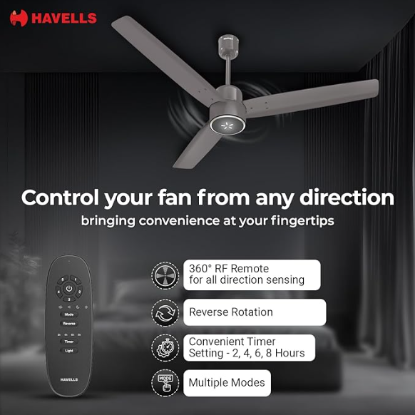 Havells EPIC SIGNIA BLDC Ceiling Fan 1200mm | 5 star | LED Speed Indicator | 380 RPM, Up to 65% Savings | Reverse Rotation, 4 Speed Modes | Low Wattage 30W ,Low Noise | Air Flow:225 CMM | Stone Grey | - Image 5