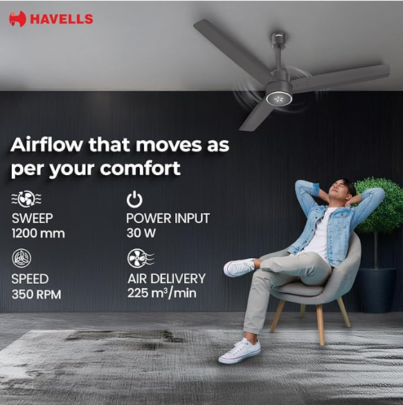 Havells EPIC SIGNIA BLDC Ceiling Fan 1200mm | 5 star | LED Speed Indicator | 380 RPM, Up to 65% Savings | Reverse Rotation, 4 Speed Modes | Low Wattage 30W ,Low Noise | Air Flow:225 CMM | Smoke Brown | - Image 7