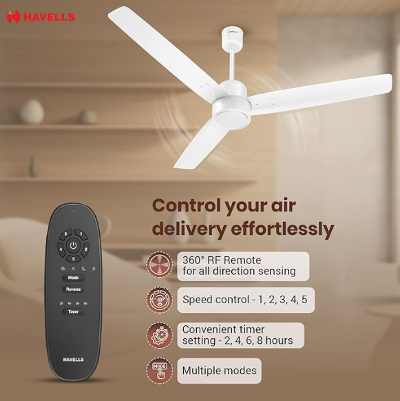 Havells EPIC BLDC Ceiling Fan 1200mm | 380 RPM | Savings upto 65% | Reverse Rotation, 4 Modes (Boost, Sleep, Breeze, Mop) | Low Wattage 30W, Low Noise | Air Flow:225 CMM | 3 Year Warranty | Elegant White | - Image 7