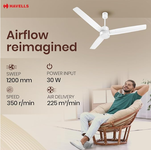 Havells EPIC BLDC Ceiling Fan 1200mm | 380 RPM | Savings upto 65% | Reverse Rotation, 4 Modes (Boost, Sleep, Breeze, Mop) | Low Wattage 30W, Low Noise | Air Flow:225 CMM | 3 Year Warranty | Elegant White | - Image 4