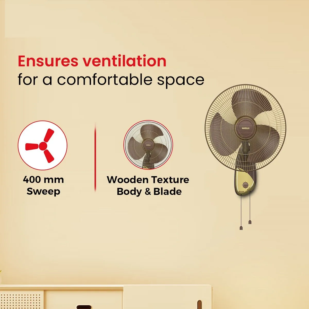 Havells Girik Gold Wall Fan 400 mm Walnut Gold - Image 4