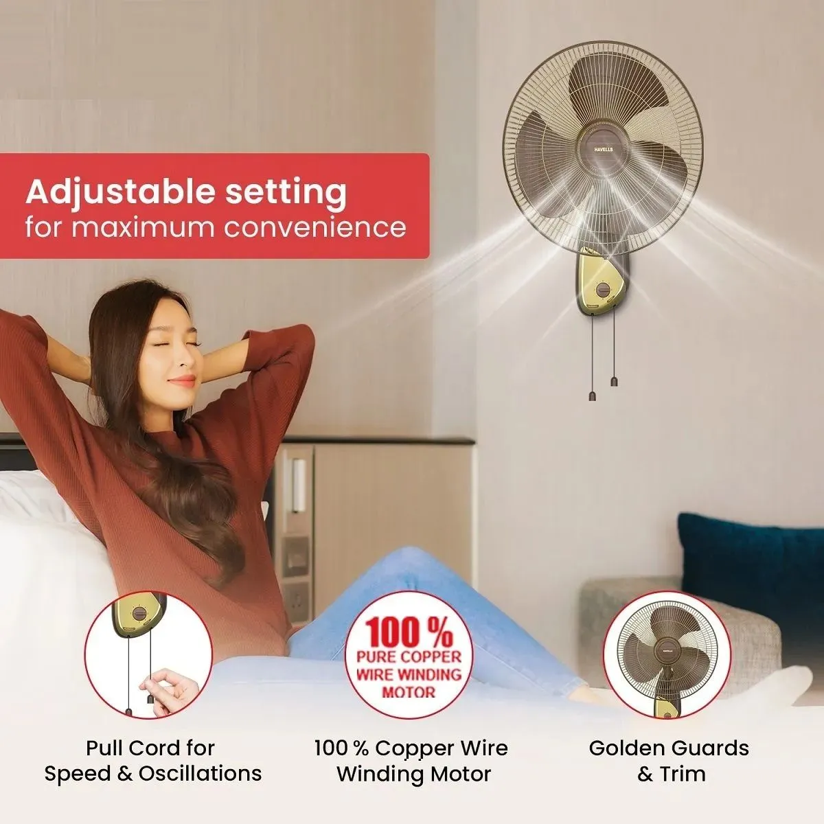 Havells Girik Gold Wall Fan 400 mm Walnut Gold - Image 5